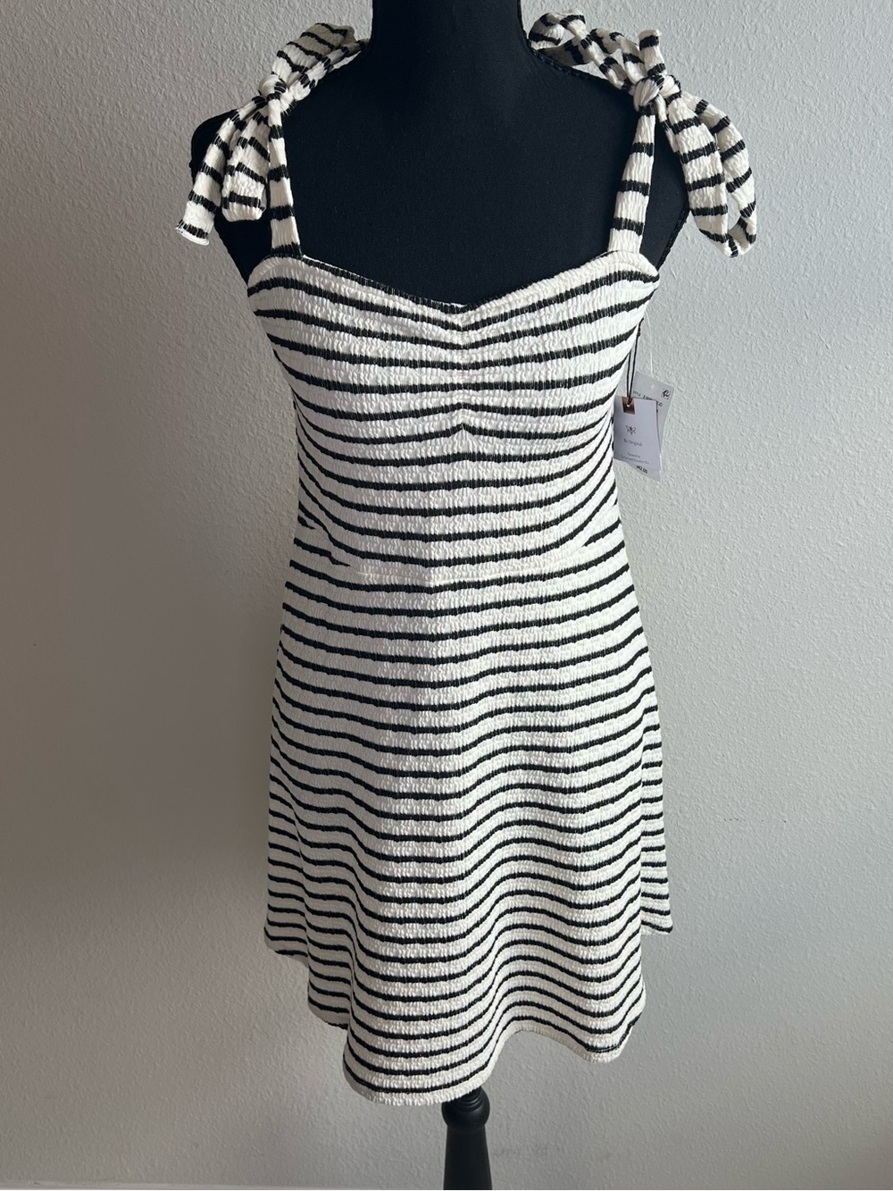 Originality XL Striped Black and Cream Tie-Shoulder Mini Dress